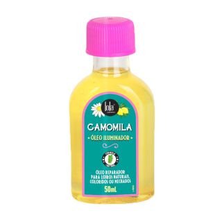 Óleo iluminador camomila. embalagem de plástico e conteúdo oleoso amarelado. com tampa de rosca rosa e rotulo verde.
selo de formula natural, oleo reparador para loiros naturais, coloridos e mechados. 50ml