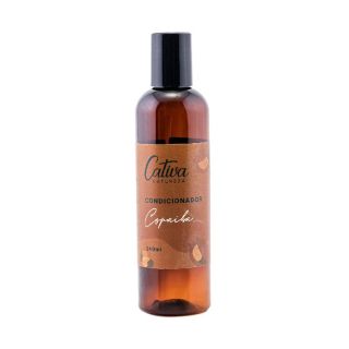Fundo branco com embalagem marrom escura ao centro da imagem com rótulo marrom claro descrito Cativa Natureza condicionador Copaíba 240mL.