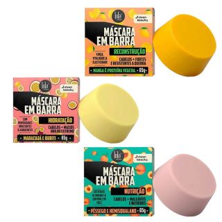 três caixinhas coloridas de máscaras em barra da lola. uma é laranja com desenhos de manga, escrito reconstrução, em baixo uma caixa rosa com desenhos de maracujá, escrito hidratação e a ultima caixinha azul, com desenhos de pêssego, escrito nutrição.