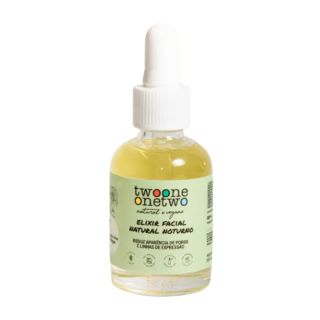 elixir facial noturno twoone onetwo. embalagem de vidro com contas gotas branco e rotulo verde claro, onde se lê: reduz aparência de poros e linhas de expressão