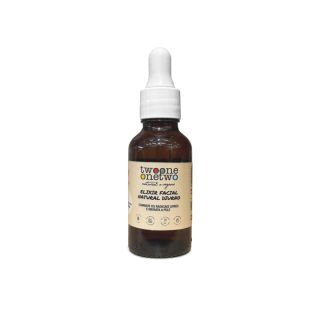 elixir facial diurno twoone onetwo, fundo branco, embalagem de vidro, com conta gotas branco. rotulo rosa claro, escrito combate os radicais livres e hidrata a pele