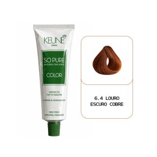 Coloração capilar Keune So Pure Color, tonalidade 6.4 Louro Escuro Cobre. A bisnaga de 60 ml tem aproximadamente 15 cm de altura, acabamento branco prateado, rótulo verde-escuro e tampa verde canelada. Ao lado, uma mecha de cabelo em tom cobre intenso, co