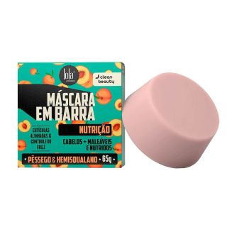 fundo branco, com uma caixinha de máscara e barra lola na cor azul, com desenhos de pêssego. ao lado uma barra de máscara na cor rosada