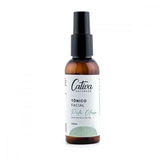 Fundo branco com embalagem marrom escuro com rótulo branco ao centro da imagem . No rótulo está descrito Cativa Natureza, tônico facial pele oleosa, sálvia, Aloe Vera e Tea Tree, 120 mL
