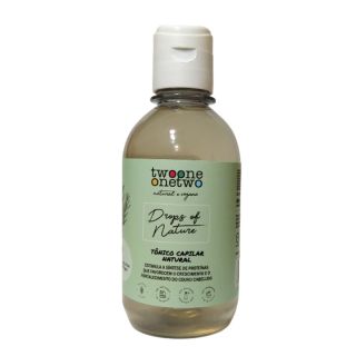 fundo branco com produto ao centro. embalagem transparente, rotulo verde e tampa branca. no rotulo está a logomarca da twoone onetwo e os dizeres: natural e vegana, drops of nature, estimula a sintese de proteinas que favorecem o crescimento e fortalecime