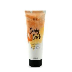 fundo branco com bisnaga de 250ml nas cores laranja com amarelo escrito candy curly nectar modelador fixação média girassol + quinoa com o logo da Abela 