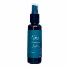 Fundo branco com embalagem comprida de tom escuro com rótulo azul descrito cativa natureza desodorante Sálvia 120mL  ao centro da imagem.