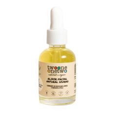 elixir facial diurno twoone onetwo, fundo branco, embalagem de vidro, com conta gotas branco. rotulo rosa claro, escrito combate os radicais livres e hidrata a pele