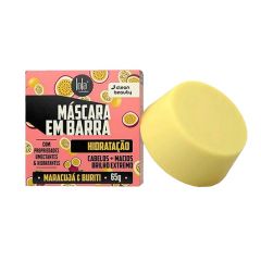 fundo branco, caixa rosa com maracujas, escrito mascara em barra hidratação. ao lado, mascara em barra em tonalidade amarelada