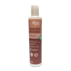 fundo branco, shampoo ao centro com embalagem branca e rotulo marrom, com logo da apse, escrito crespo power, shampoo hidratação intensa, 100% vegetal, enriquecido com óleo de semente de uva, d-pantenol e cerealmilk premium. para cabelos crespos. 0% sulfa