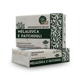 desodorante solido melaleuca e patchouli bhava não obstrui os poros, formulado com ativos naturais com oleo essencial de melaleuca organica, 70g. caixinha de papel